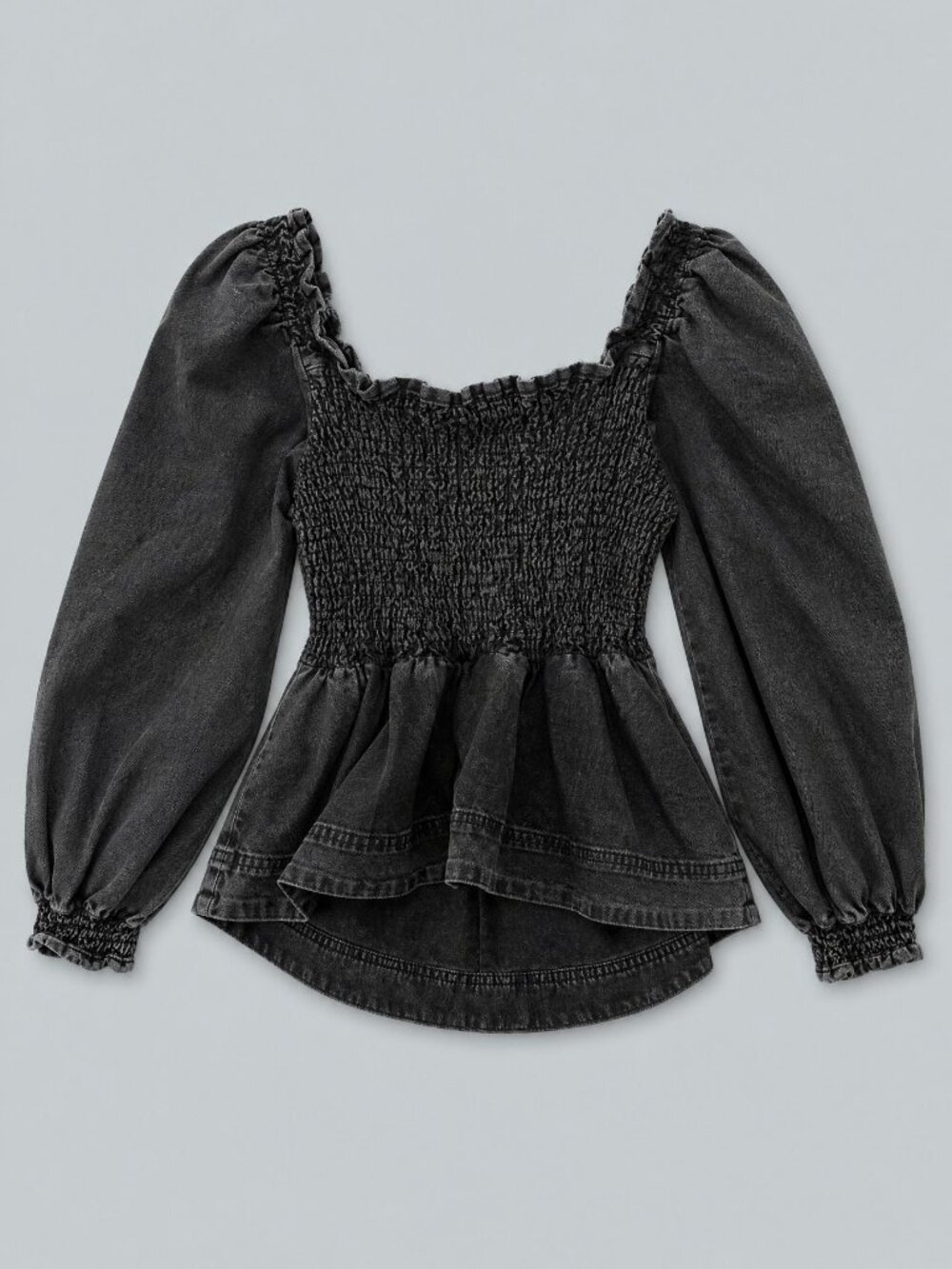 Smocked Puff Sleeve Top - Washed Black